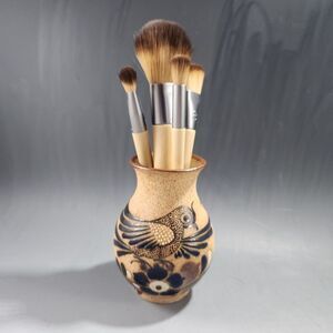 Mini Tonala Vase 4" Brush Holder Studio Pottery Hand Painted Bird Signed Mexico